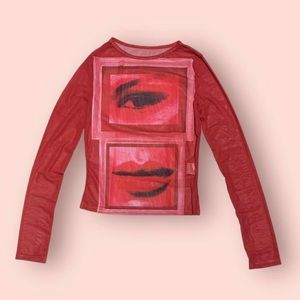 Y2K wine red eyes lips mesh long sleeve top size S
